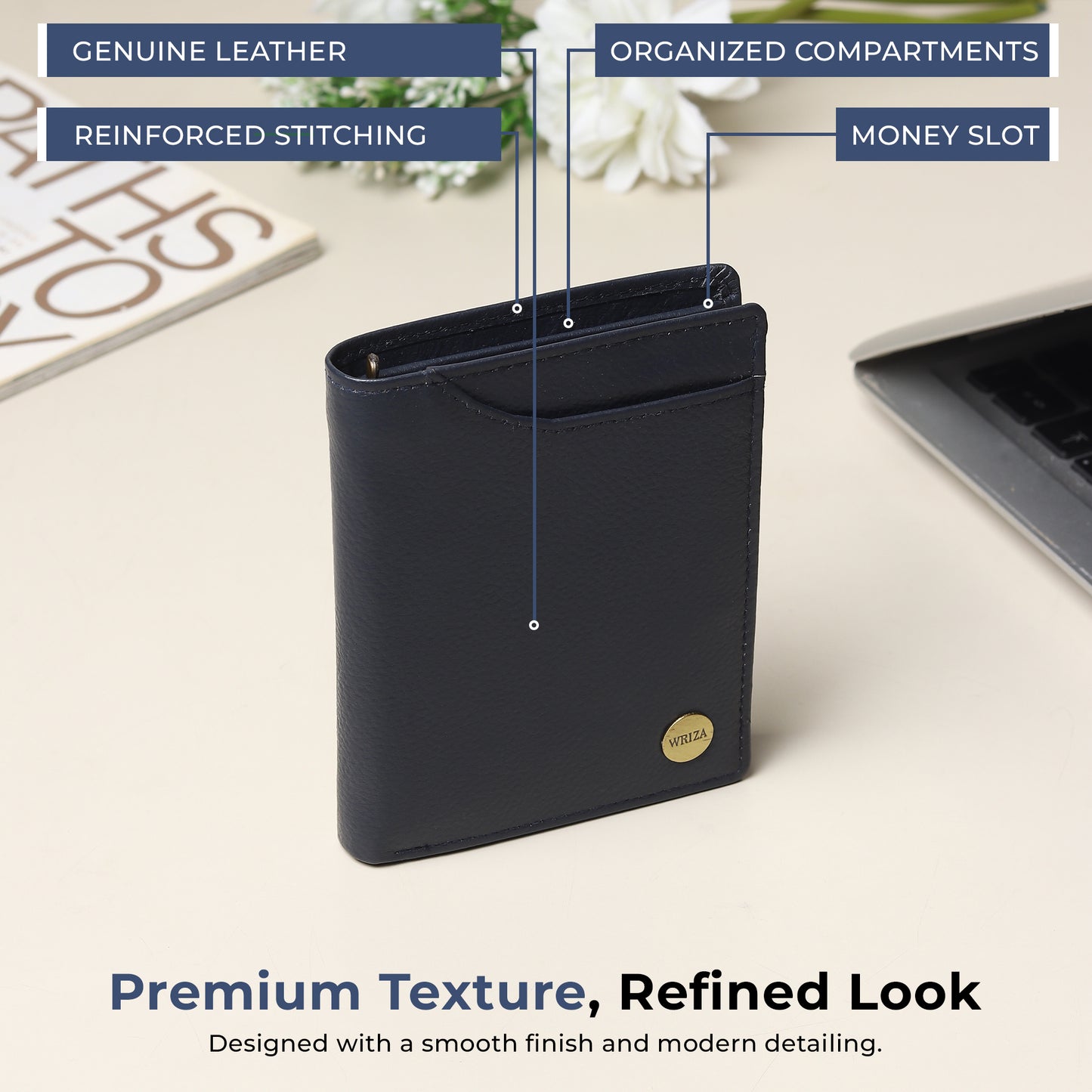 WRIZA Men's Genuine Leather Wallet|Navy Blue RFID Blocking Leather Wallet for Men with Hidden Zip & Coin Pocket | Slim Credit Card Holder Business Wallet