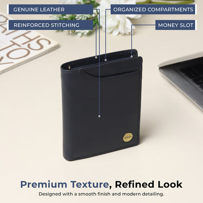 WRIZA Men's Genuine Leather Wallet|Navy Blue RFID Blocking Leather Wallet for Men with Hidden Zip & Coin Pocket | Slim Credit Card Holder Business Wallet