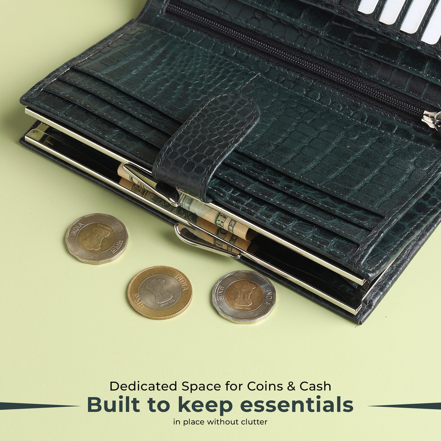 WRIZA Women's Genuine Leather Croco Textured Clutch Wallet | 10 Card Slots, 4 Compartments & Coin Pocket | Emerald Green