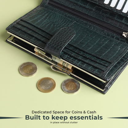 WRIZA Women's Genuine Leather Croco Textured Clutch Wallet | 10 Card Slots, 4 Compartments & Coin Pocket | Emerald Green