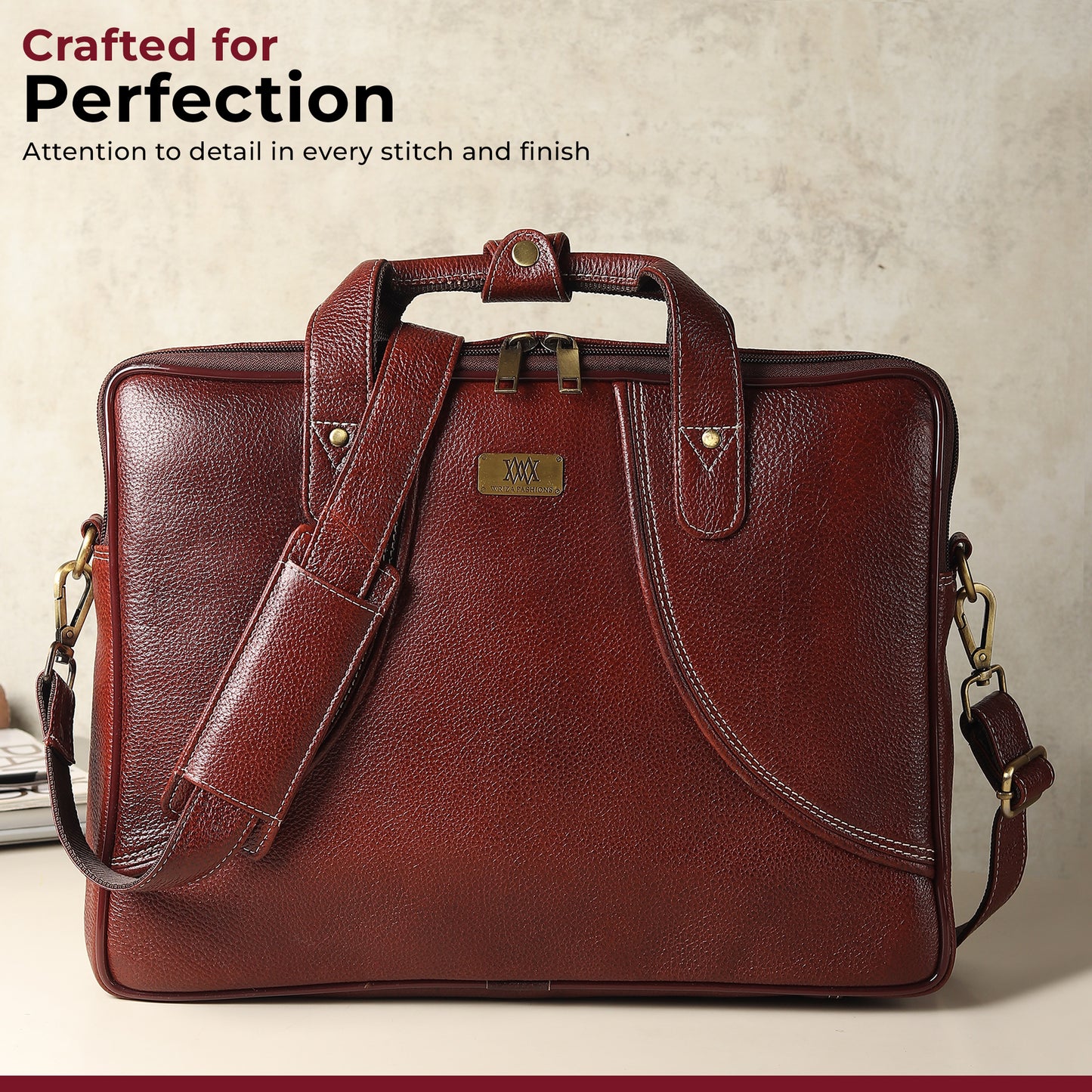 WRIZA Premium Genuine Leather Laptop Bag for Men | 15.6 inch Professional Office Messenger Bag with Adjustable Strap - Brown