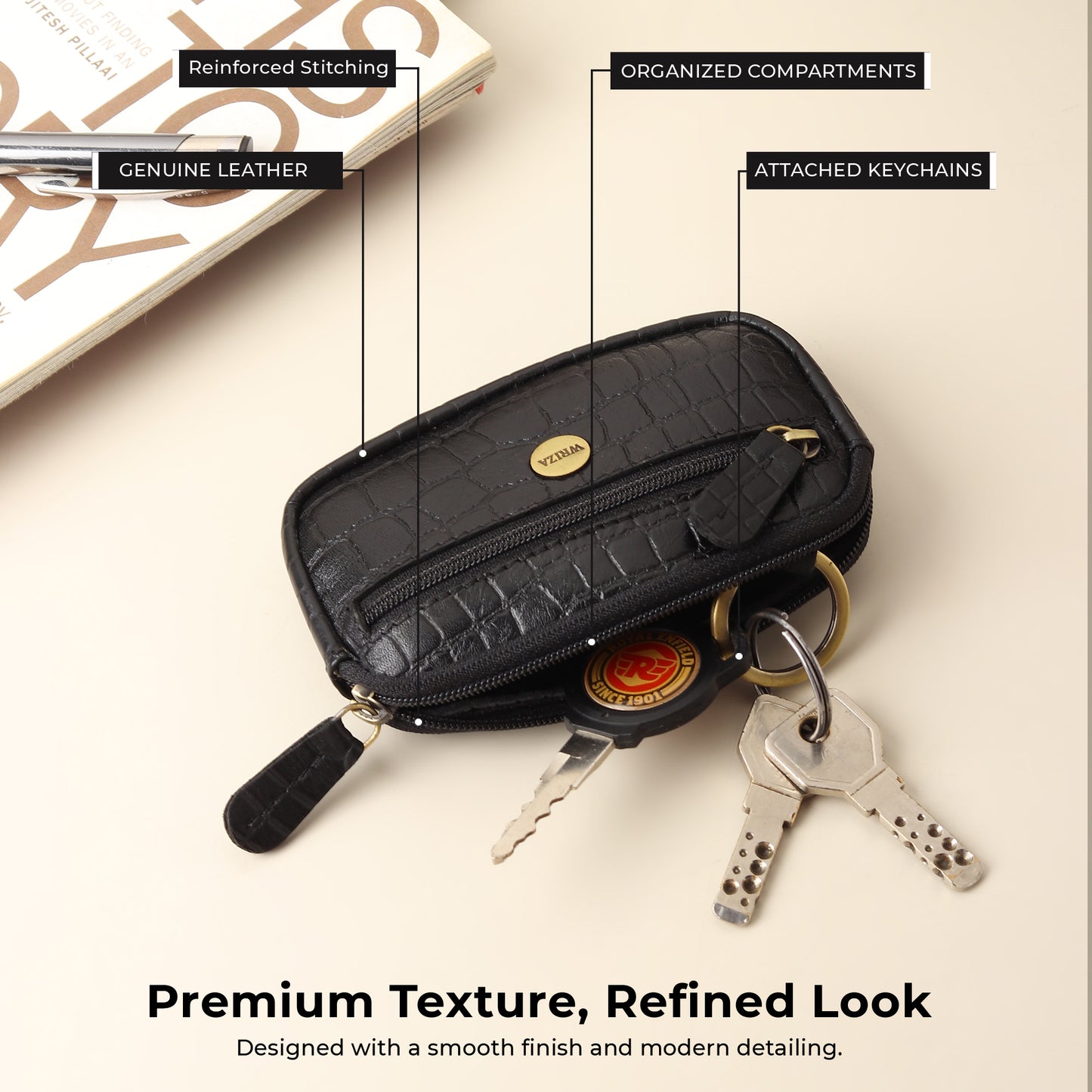 WRIZA Genuine Leather Coin Purse for Women | Mini Key Pouch with Zipper & Keychain Holder