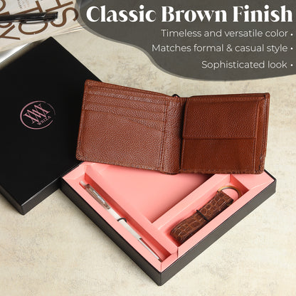 WRIZA Men's Genuine Leather Wallet, Pen & Keychain Gift Set | Premium Croc Texture Combo Box for Birthday, Anniversary & Corporate Gifting