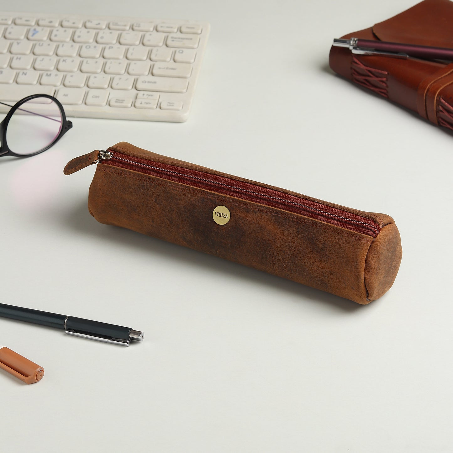 WRIZA Handcrafted Genuine Leather Pen & Pencil Case | Vintage Brown Stationary Pouch & Travel Organizer for Professionals, Students, and Artists | Slim Premium Pen Holder Case