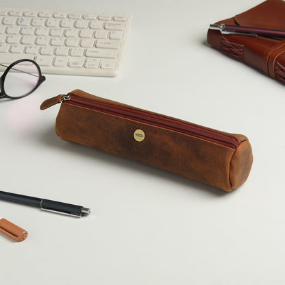 WRIZA Handcrafted Genuine Leather Pen & Pencil Case | Vintage Brown Stationary Pouch & Travel Organizer for Professionals, Students, and Artists | Slim Premium Pen Holder Case