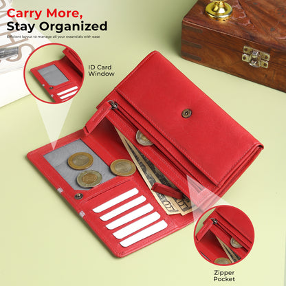 WRIZA Genuine Leather Women’s Wallet with RFID Protection | Stylish Red Clutch Purse with Multiple Card Slots, Coin Pocket & Spacious Compartment for Ladies