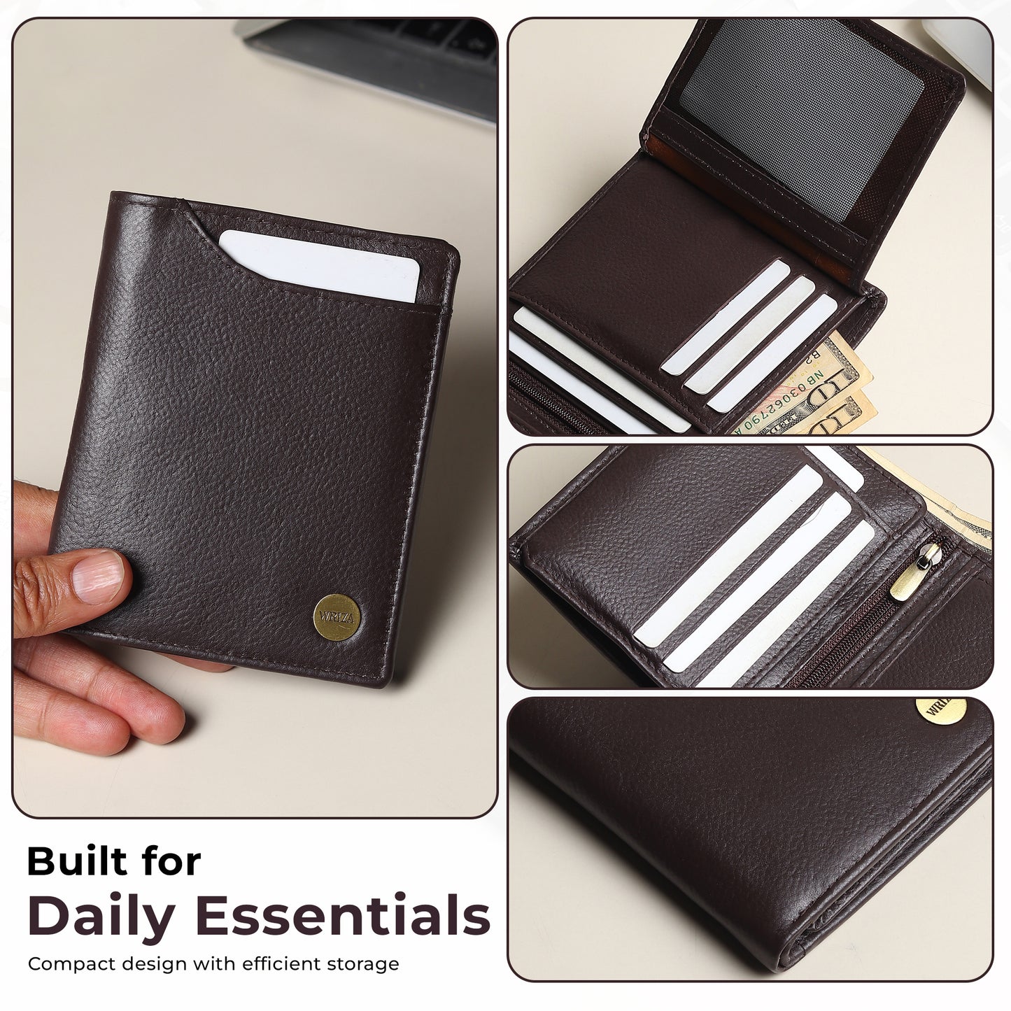 WRIZA Men's Genuine Leather Wallet|Brown RFID Blocking Leather Wallet for Men with Hidden Zip & Coin Pocket | Slim Credit Card Holder Business Wallet