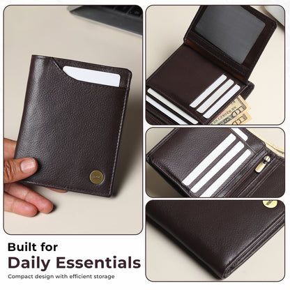 WRIZA Men's Genuine Leather Wallet|Brown RFID Blocking Leather Wallet for Men with Hidden Zip & Coin Pocket | Slim Credit Card Holder Business Wallet