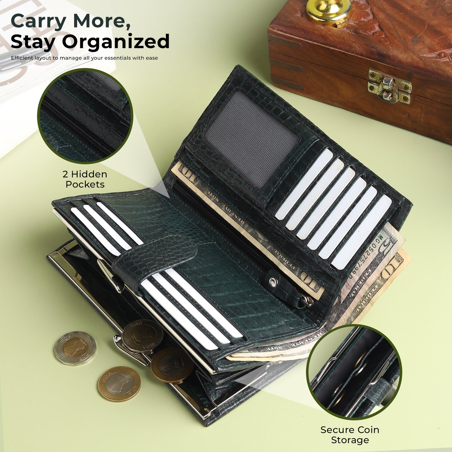 WRIZA Women's Genuine Leather Croco Textured Clutch Wallet | 10 Card Slots, 4 Compartments & Coin Pocket | Emerald Green