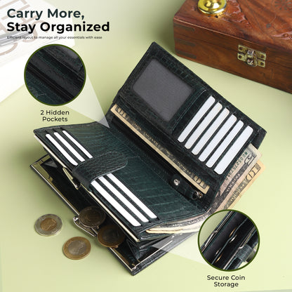 WRIZA Women's Genuine Leather Croco Textured Clutch Wallet | 10 Card Slots, 4 Compartments & Coin Pocket | Emerald Green