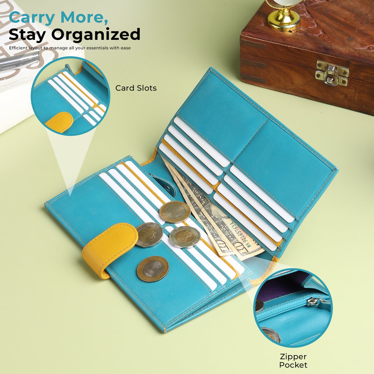 WRIZA Women's Genuine Leather RFID Blocking Wallet with 16 Card Slots & Zipper Pocket