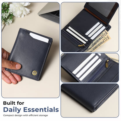 WRIZA Men's Genuine Leather Wallet|Navy Blue RFID Blocking Leather Wallet for Men with Hidden Zip & Coin Pocket | Slim Credit Card Holder Business Wallet