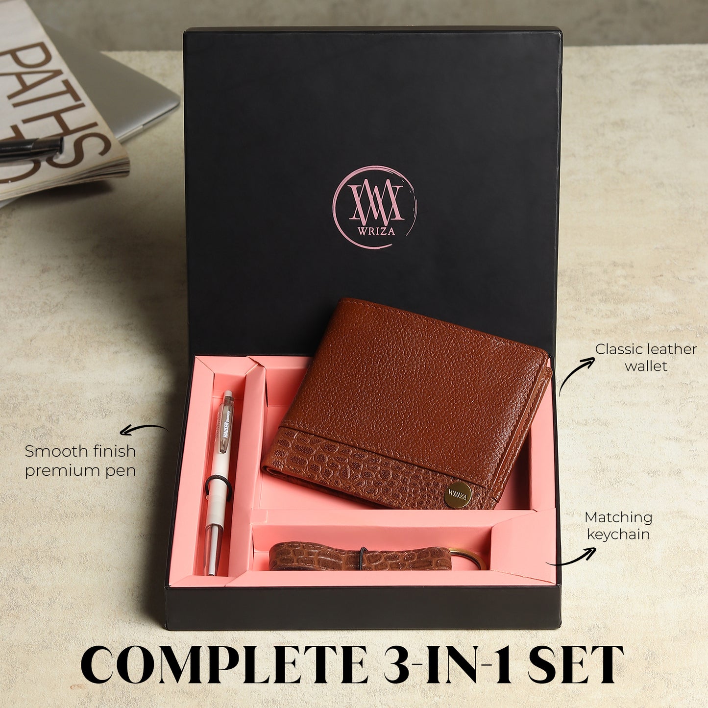 WRIZA Men's Genuine Leather Wallet, Pen & Keychain Gift Set | Premium Croc Texture Combo Box for Birthday, Anniversary & Corporate Gifting