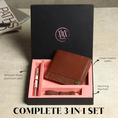 WRIZA Men's Genuine Leather Wallet, Pen & Keychain Gift Set | Premium Croc Texture Combo Box for Birthday, Anniversary & Corporate Gifting