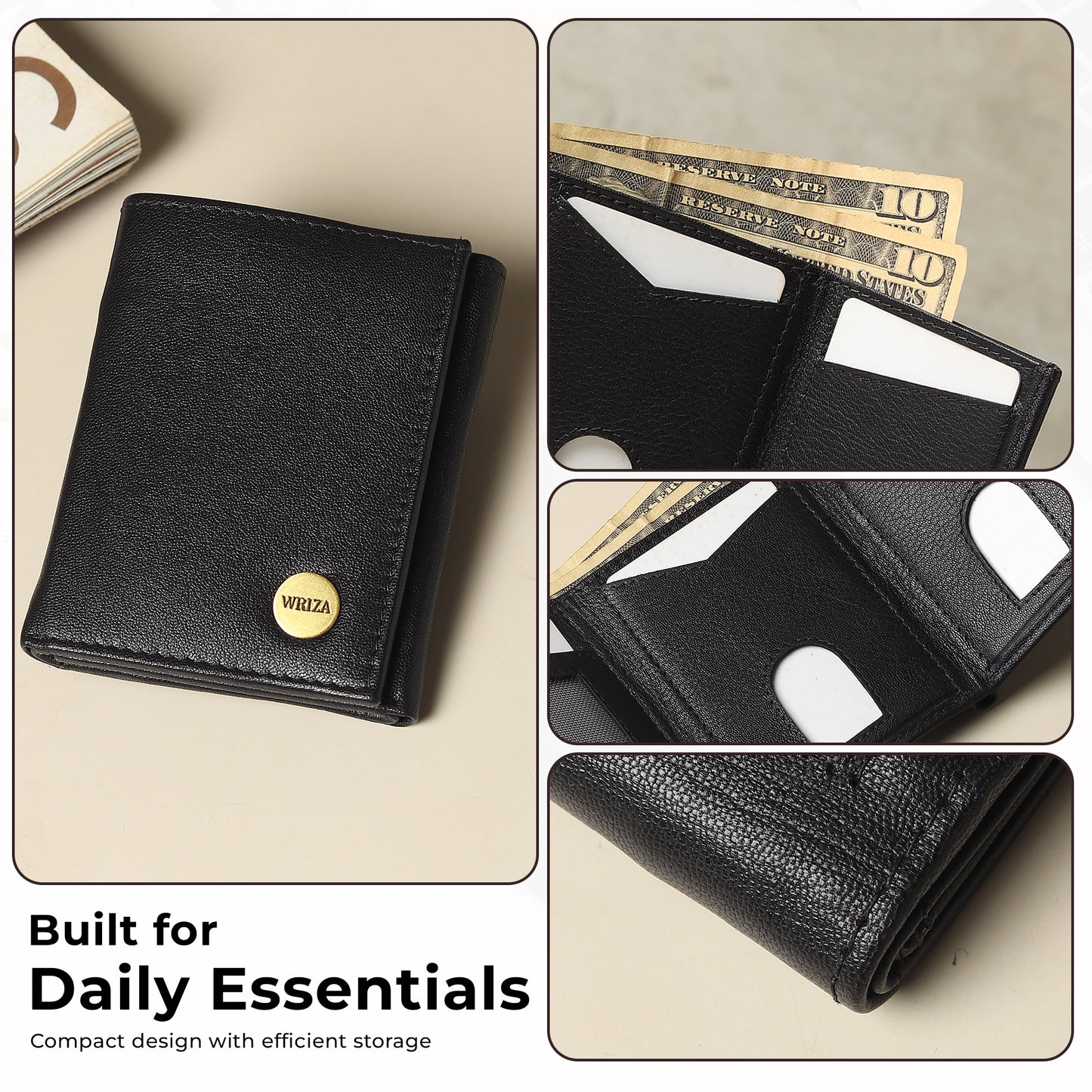 WRIZA Men's Genuine Leather Slim Tri-fold Wallet with RFID Protection, 6 Card Slots, and Zipper Coin Pocket | Minimalist Pebbled Leather Purse for Men (Black)