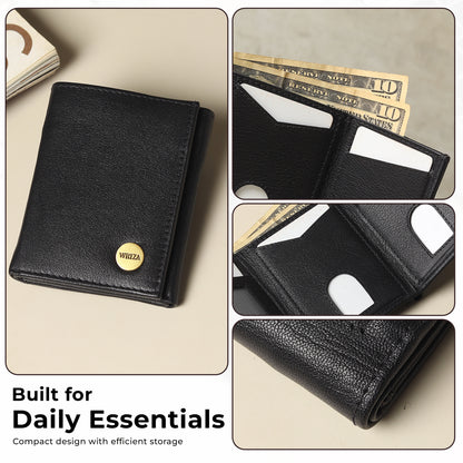 WRIZA Men's Genuine Leather Slim Tri-fold Wallet with RFID Protection, 6 Card Slots, and Zipper Coin Pocket | Minimalist Pebbled Leather Purse for Men (Black)