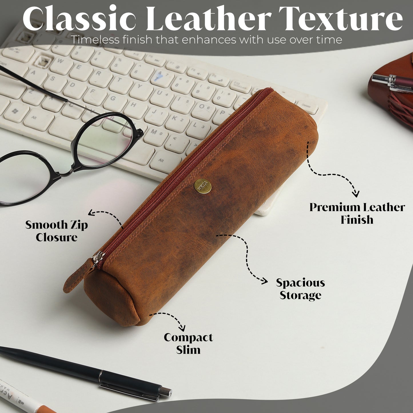 WRIZA Handcrafted Genuine Leather Pen & Pencil Case | Vintage Brown Stationary Pouch & Travel Organizer for Professionals, Students, and Artists | Slim Premium Pen Holder Case
