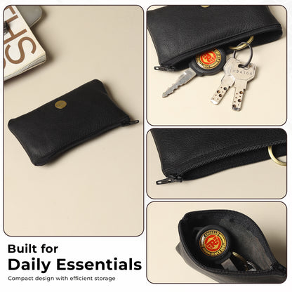 WRIZA Premium Handcrafted Genuine Leather Key Pouch with Zipper & Metallic Ring | Slim Keychain Case for Men & Women