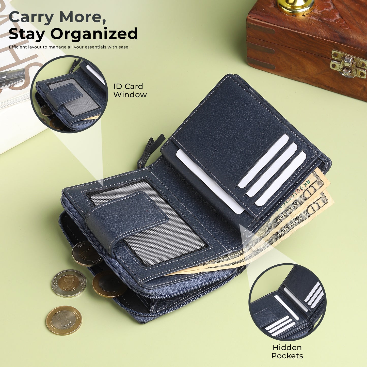 WRIZA Women's Genuine Leather Wallet | Navy Blue RFID Protected Clutch Purse with 9 Card Slots, ID Window & Zipper Coin Pocket for Gifting