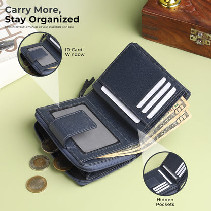 WRIZA Women's Genuine Leather Wallet | Navy Blue RFID Protected Clutch Purse with 9 Card Slots, ID Window & Zipper Coin Pocket for Gifting