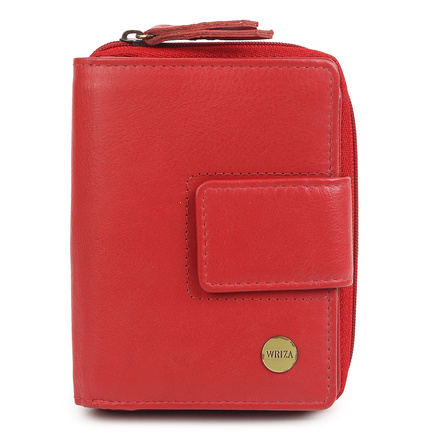 WRIZA Women's Genuine Leather Wallet | Coral Red RFID Protected Clutch Purse with 9 Card Slots, ID Window & Zipper Coin Pocket for Gifting