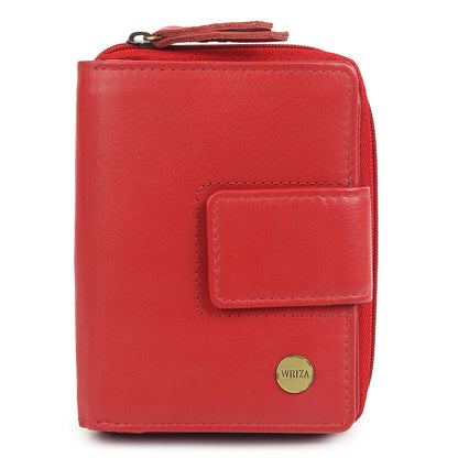 WRIZA Women's Genuine Leather Wallet | Coral Red RFID Protected Clutch Purse with 9 Card Slots, ID Window & Zipper Coin Pocket for Gifting