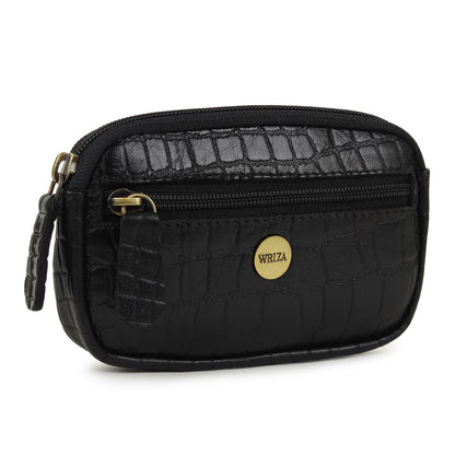 WRIZA Genuine Leather Coin Purse for Women | Mini Key Pouch with Zipper & Keychain Holder