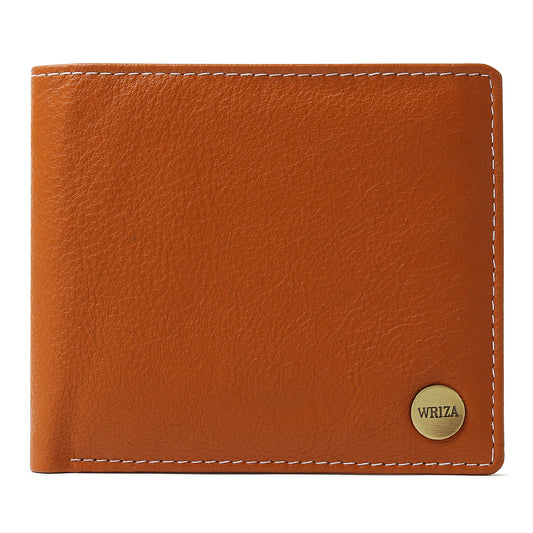 WRIZA Premium Genuine Leather Bi-fold Wallet for Men | Handcrafted Leather Slim Wallet with Coin Pocket, 2 Currency Compartments, and Multiple Credit Card Slots | Elegant Gift Box Included (Tan)
