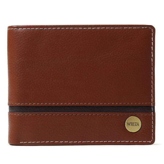 WRIZA Men’s Genuine Leather Bifold Wallet | Premium Textured Finish with Coin Pocket, 2 Currency Compartments & Multiple ID Card Slots | Stylish & Slim Casual Business Wallet for Men (Tan)