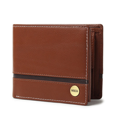 WRIZA Men’s Genuine Leather Bifold Wallet | Premium Textured Finish with Coin Pocket, 2 Currency Compartments & Multiple ID Card Slots | Stylish & Slim Casual Business Wallet for Men (Tan)