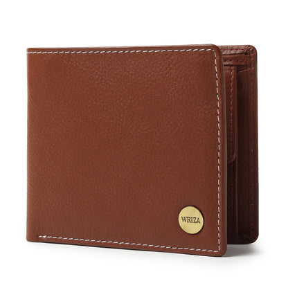 WRIZA Premium Genuine Leather Bi-fold Wallet for Men | Handcrafted Leather Slim Wallet with Coin Pocket, 2 Currency Compartments, and Multiple Credit Card Slots | Elegant Gift Box Included (Rust)