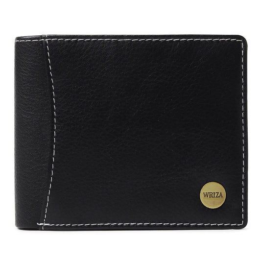 WRIZA Men’s Genuine Leather Bifold Wallet | Premium Textured Finish with Coin Pocket, 2 Currency Compartments & Multiple ID Card Slots | Stylish & Slim Casual Business Wallet for Men (Black)