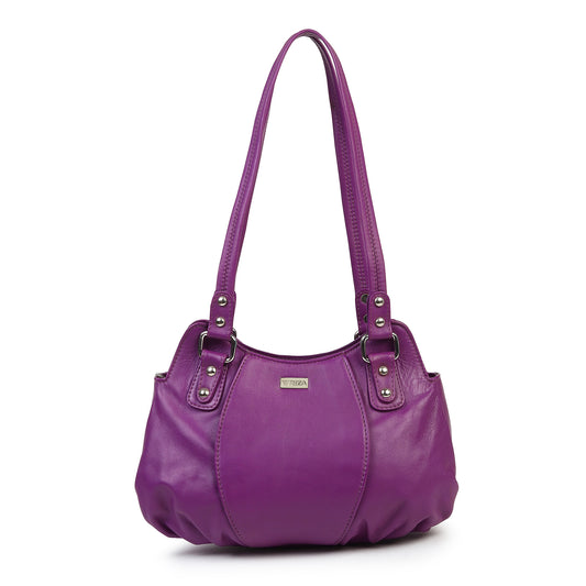 WRIZA Luxury Purple Genuine Leather Handbag for Women | Premium Textured Shoulder Bag with Multiple Zip Compartments | Stylish Ladies Purse for Office & Casual Use | Durable Top-Handle Satchel