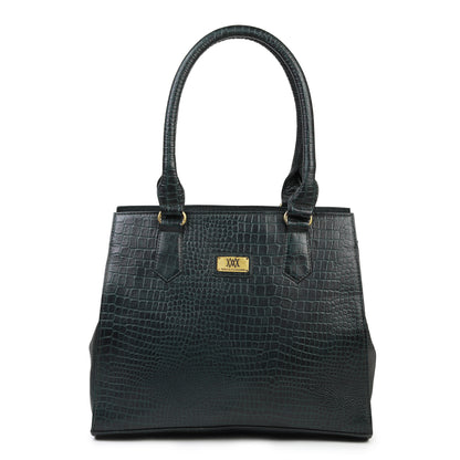 WRIZA Women's Genuine Leather Handbag | Emerald Green Crocodile Textured Tote for Office & Casual Use | Multi-Compartment Satchel Bag with Top Handle