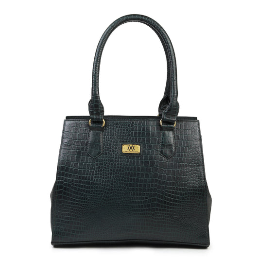 WRIZA Women's Genuine Leather Handbag | Emerald Green Crocodile Textured Tote for Office & Casual Use | Multi-Compartment Satchel Bag with Top Handle