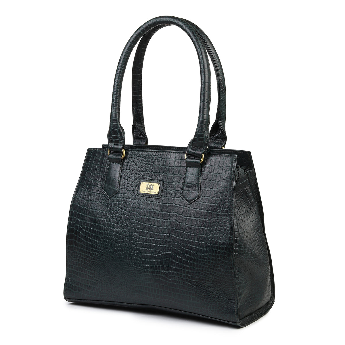 WRIZA Women's Genuine Leather Handbag | Emerald Green Crocodile Textured Tote for Office & Casual Use | Multi-Compartment Satchel Bag with Top Handle