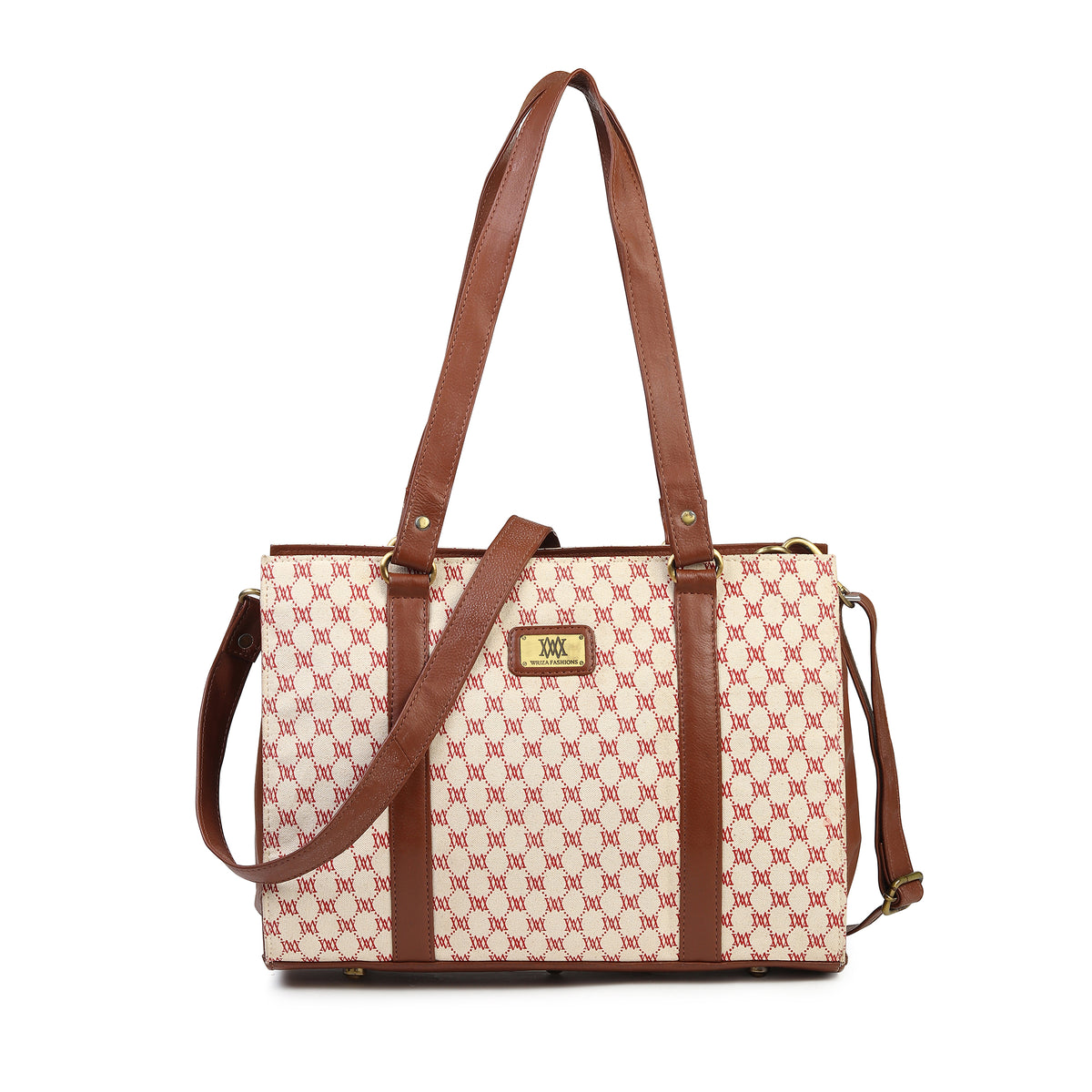 WRIZA Women's Genuine Leather Tote Bag | Large Office Handbag with Laptop Compartment | Monogram Printed Textured Shoulder Bag for Work & Travel