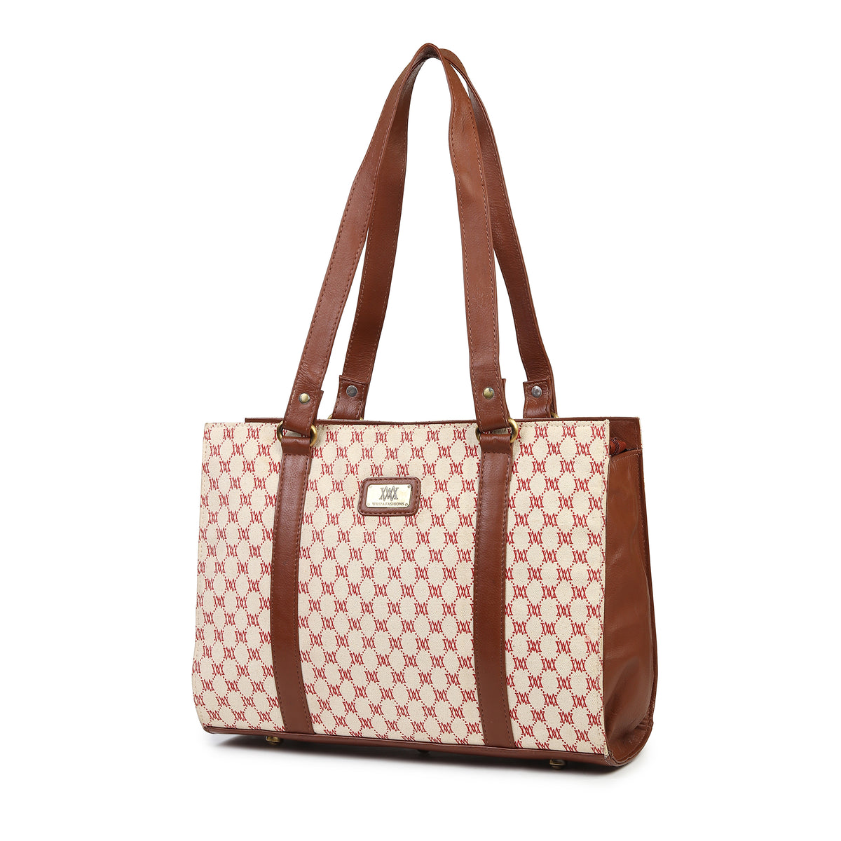 WRIZA Women's Genuine Leather Tote Bag | Large Office Handbag with Laptop Compartment | Monogram Printed Textured Shoulder Bag for Work & Travel