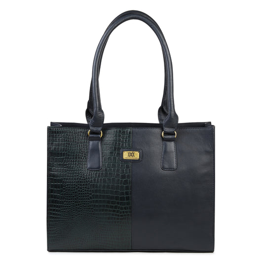 WRIZA Genuine Leather Handbag for Women | Dark Blue & Green Croco Textured Tote Bag for Office & Travel | Large Multipurpose Shoulder Bag Fits Laptop & Bottle