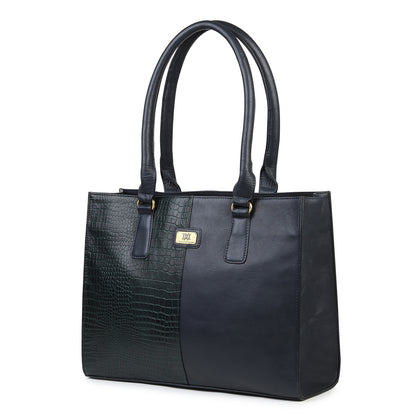 WRIZA Genuine Leather Handbag for Women | Dark Blue & Green Croco Textured Tote Bag for Office & Travel | Large Multipurpose Shoulder Bag Fits Laptop & Bottle