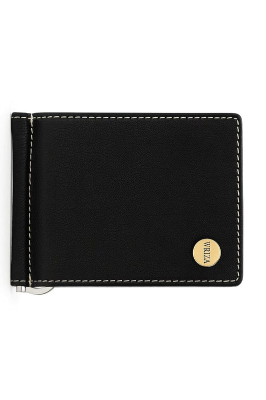 WRIZA Men's Genuine Leather Slim Minimalist Wallet with RFID Blocking, 6 Card Slots & Metal Money Clip | Black