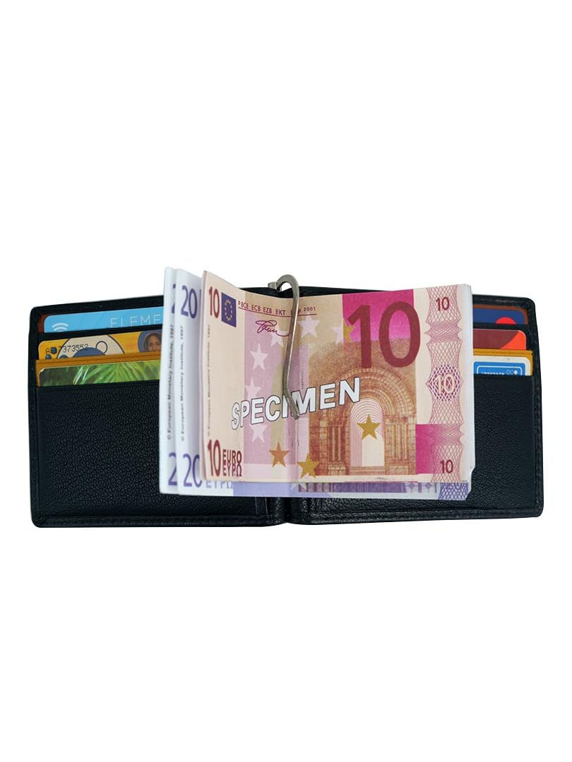 WRIZA Men's Genuine Leather Slim Minimalist Wallet with RFID Blocking, 6 Card Slots & Metal Money Clip | Black