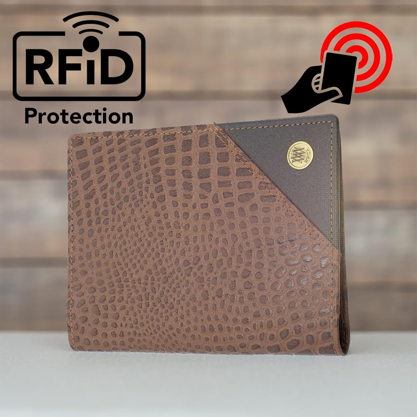 WRIZA Genuine Leather Passport Holder for Men & Women | RFID Protected Travel Wallet with 3 Card Slots & SD/SIM Card Pockets | Brown Croc Pattern Case