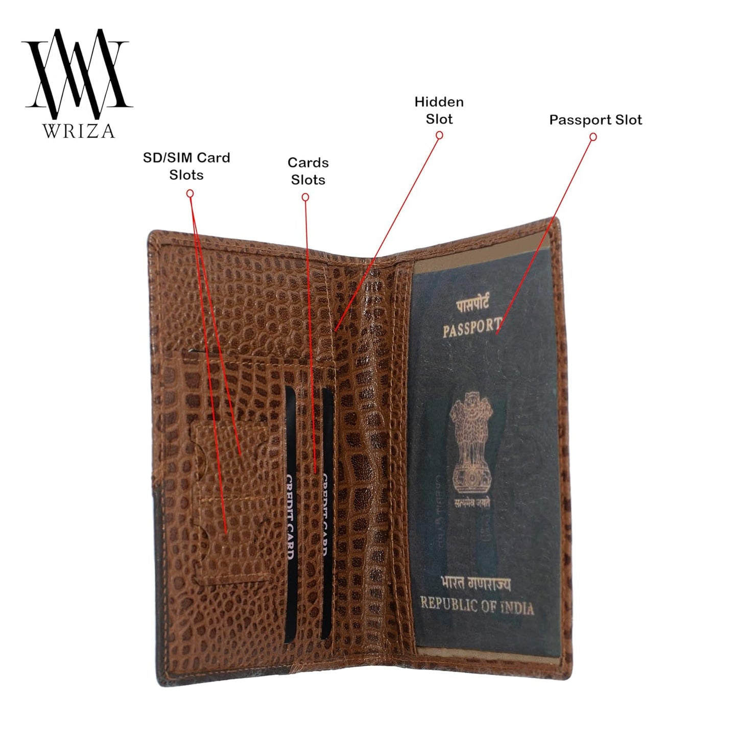 WRIZA Genuine Leather Passport Holder for Men & Women | RFID Protected Travel Wallet with 3 Card Slots & SD/SIM Card Pockets | Brown Croc Pattern Case