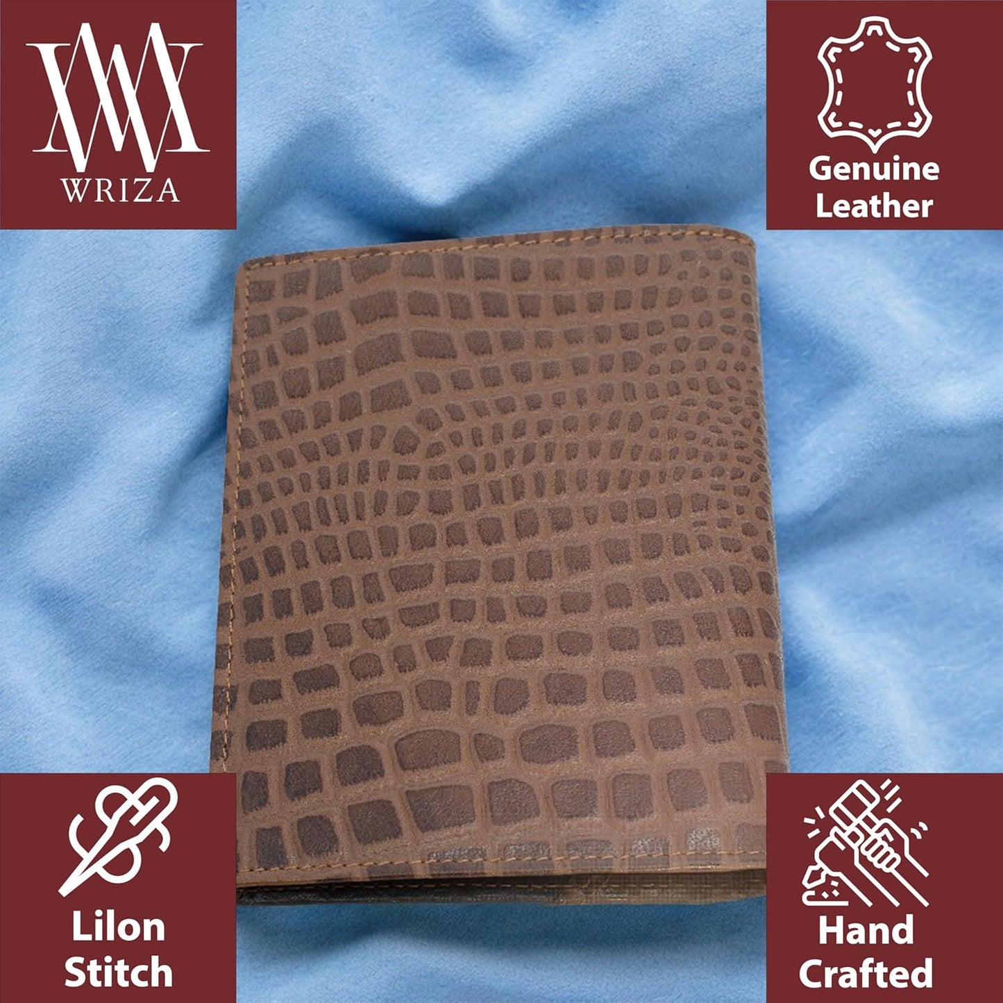 WRIZA Genuine Leather Passport Holder for Men & Women | RFID Protected Travel Wallet with 3 Card Slots & SD/SIM Card Pockets | Brown Croc Pattern Case