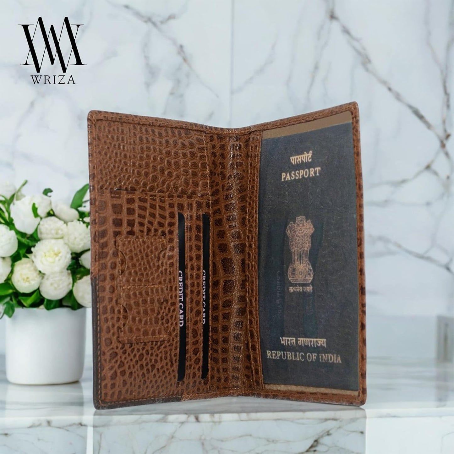 WRIZA Genuine Leather Passport Holder for Men & Women | RFID Protected Travel Wallet with 3 Card Slots & SD/SIM Card Pockets | Brown Croc Pattern Case