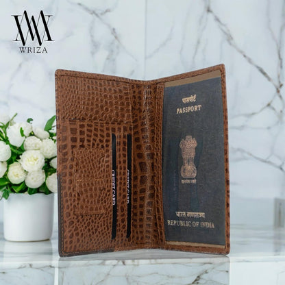 WRIZA Genuine Leather Passport Holder for Men & Women | RFID Protected Travel Wallet with 3 Card Slots & SD/SIM Card Pockets | Brown Croc Pattern Case