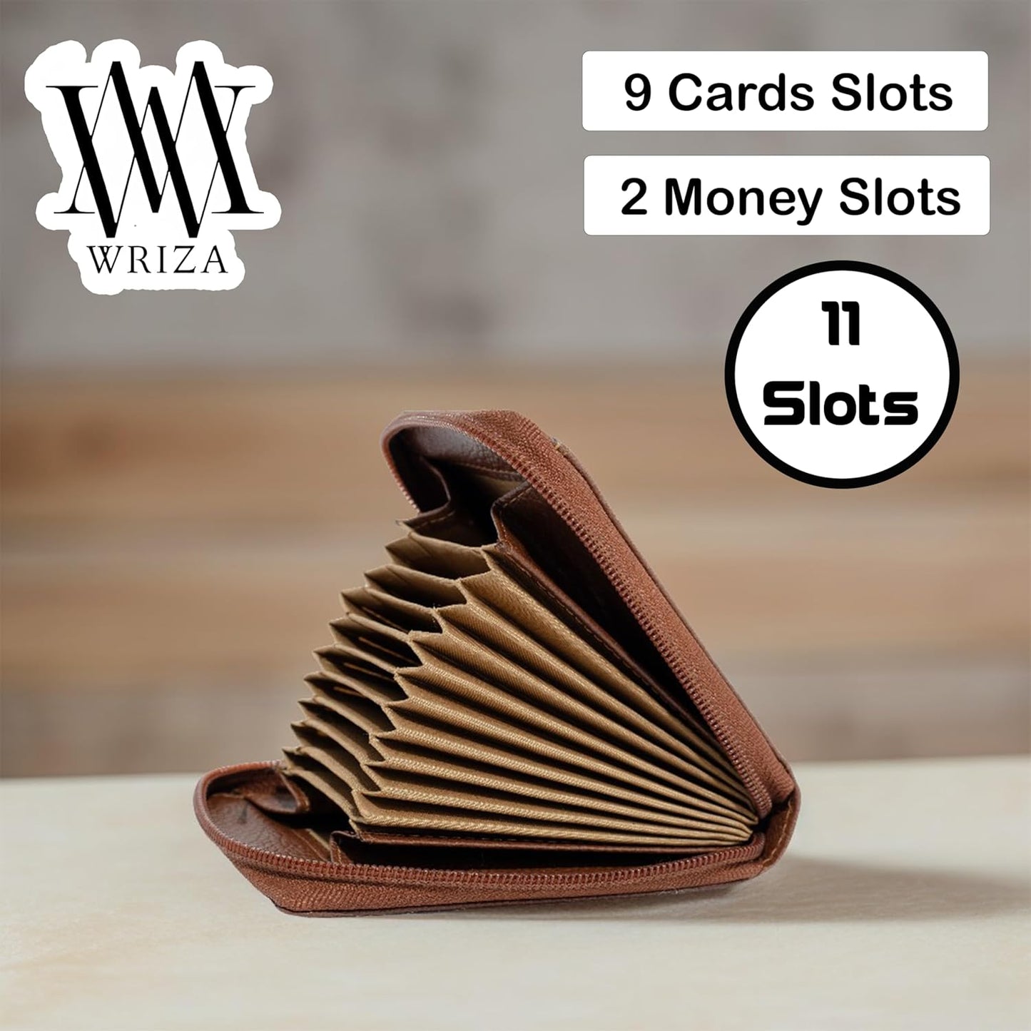 WRIZA Genuine Leather RFID Blocking Card Case Wallet for Men & Women | Tan (11 Slots)