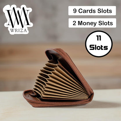 WRIZA Genuine Leather RFID Blocking Card Case Wallet for Men & Women | Tan (11 Slots)
