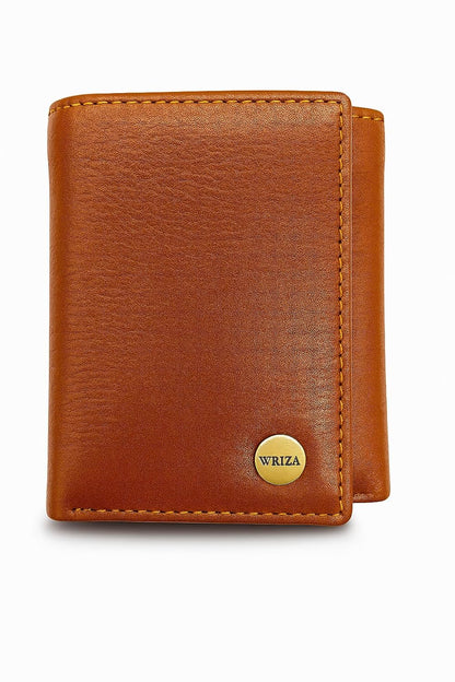 WRIZA Men's Genuine Leather Trifold Wallet | Tan Slim Credit Card Holder with 7 Slots & ID Window